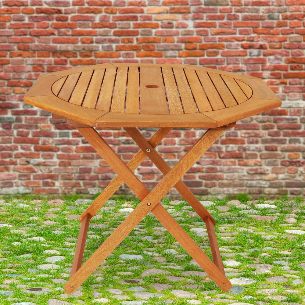 36" Brown Octagonal Solid Wood Folding Outdoor Dining Table with Umbrella Hole