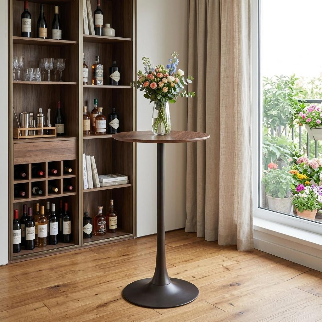 24" Brown and Black Wood and Steel Rounded Bar Table