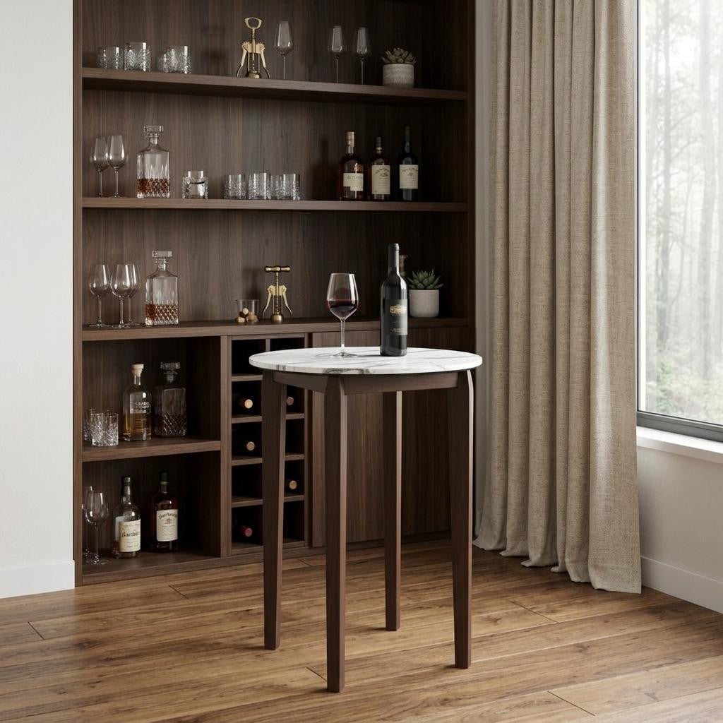 32" White and Brown Faux Marble and Solid Wood Rounded Bar Table