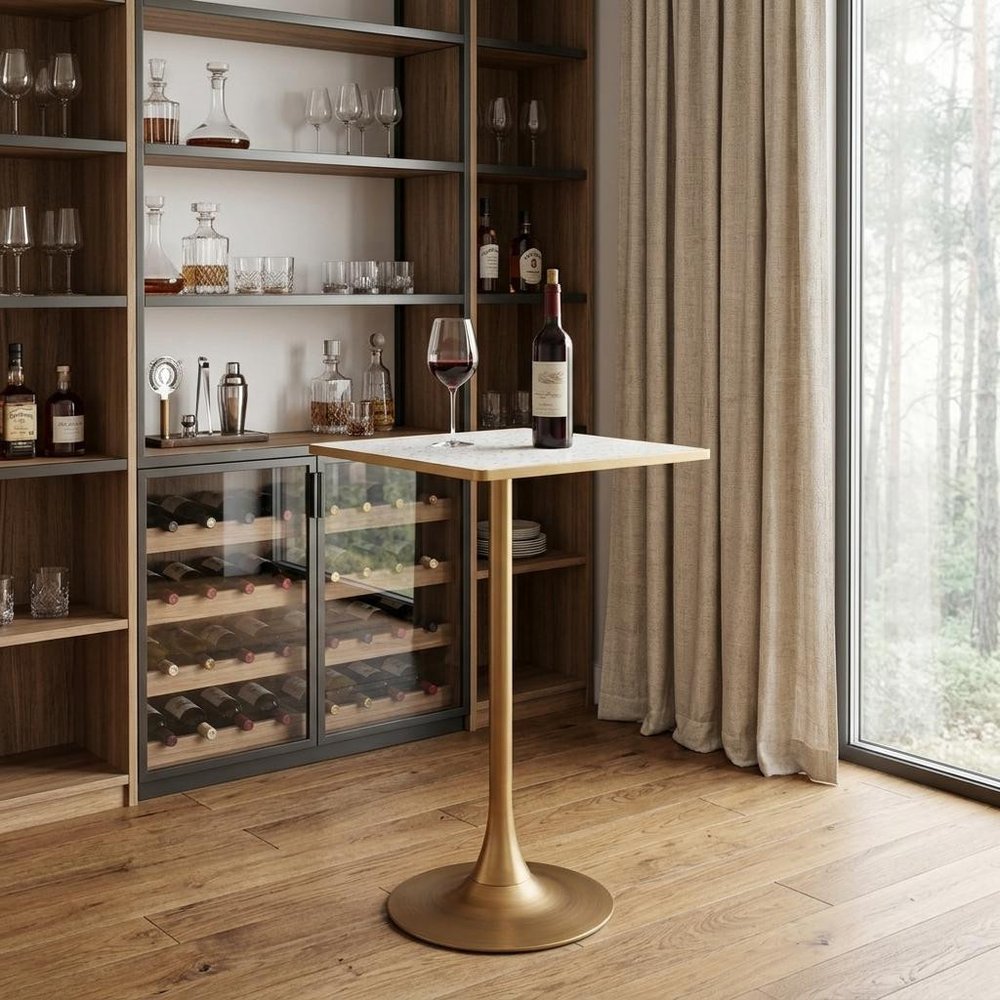 24" Beige and Gold Faux Terrazzo and Steel Square Bar Table
