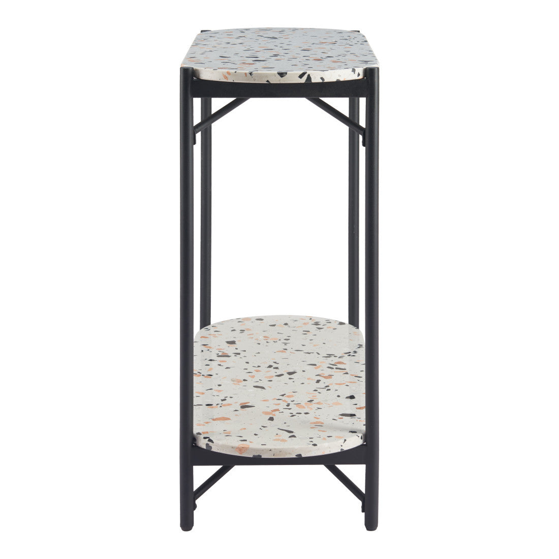 36" White and Black Faux Terrazzo and Steel Oval Console Table With Shelf