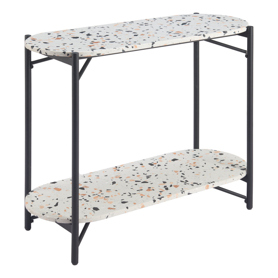36" White and Black Faux Terrazzo and Steel Oval Console Table With Shelf