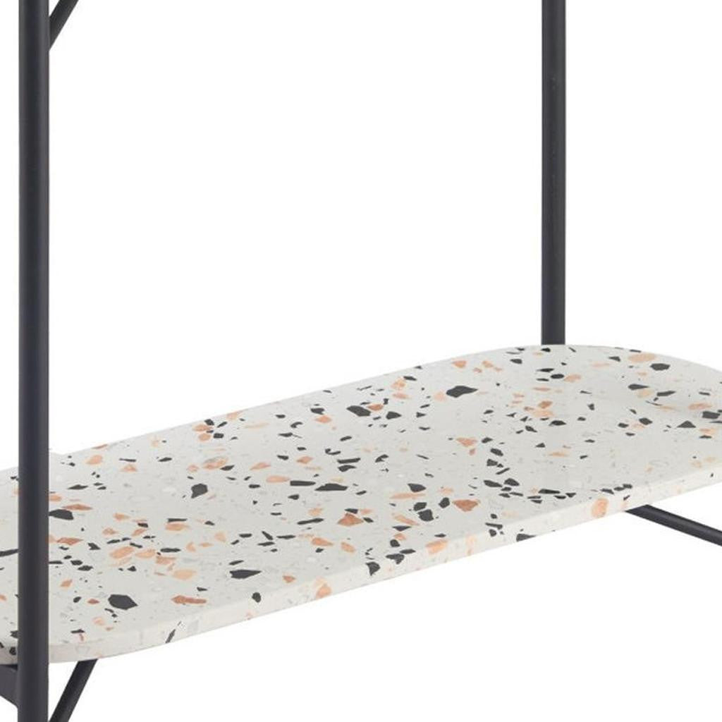36" White and Black Faux Terrazzo and Steel Oval Console Table With Shelf