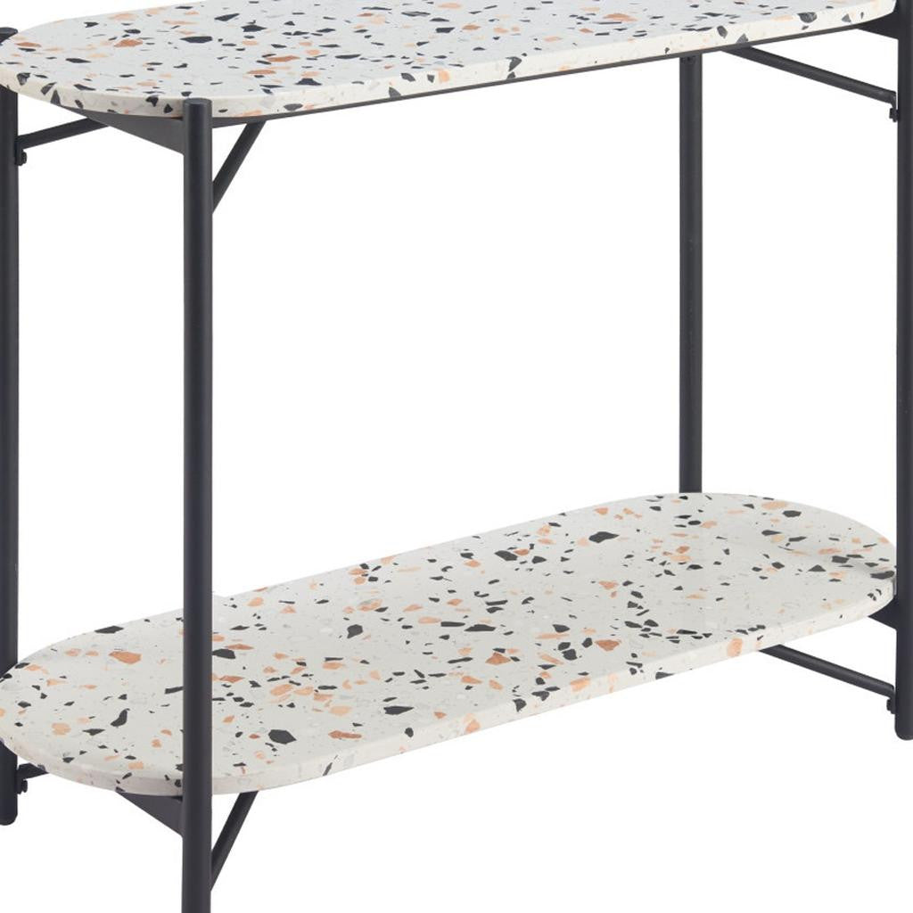 36" White and Black Faux Terrazzo and Steel Oval Console Table With Shelf