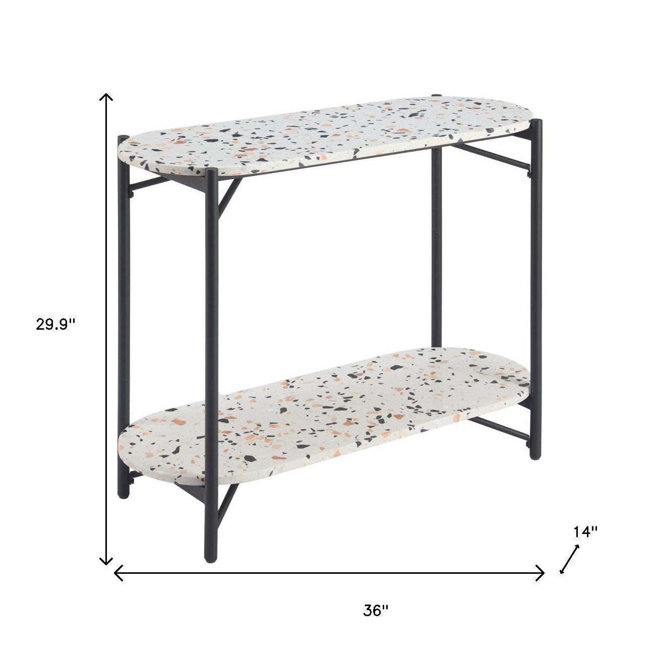 36" White and Black Faux Terrazzo and Steel Oval Console Table With Shelf