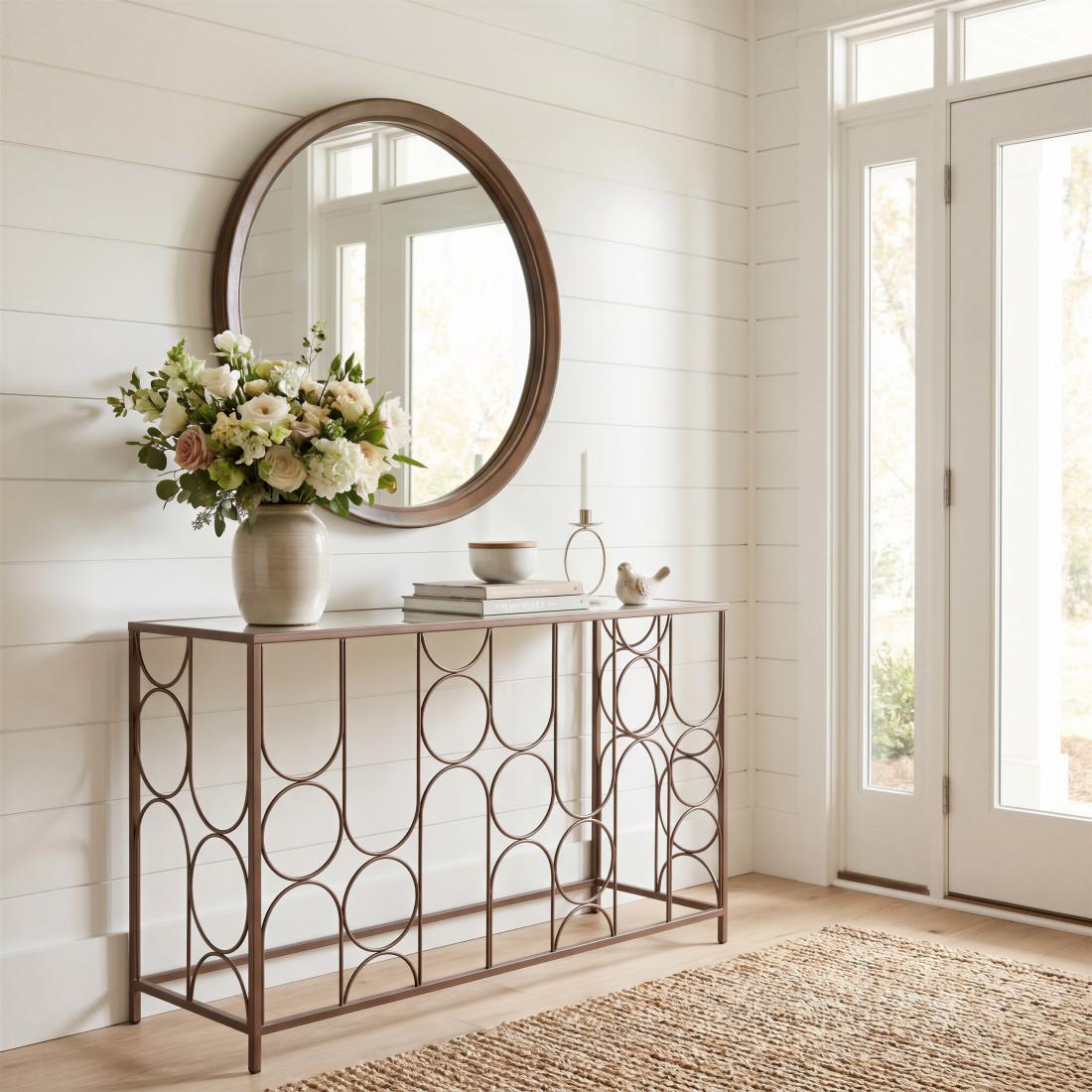 50" Clear and Bronze Mirrored Glass and Steel Frame Console Table