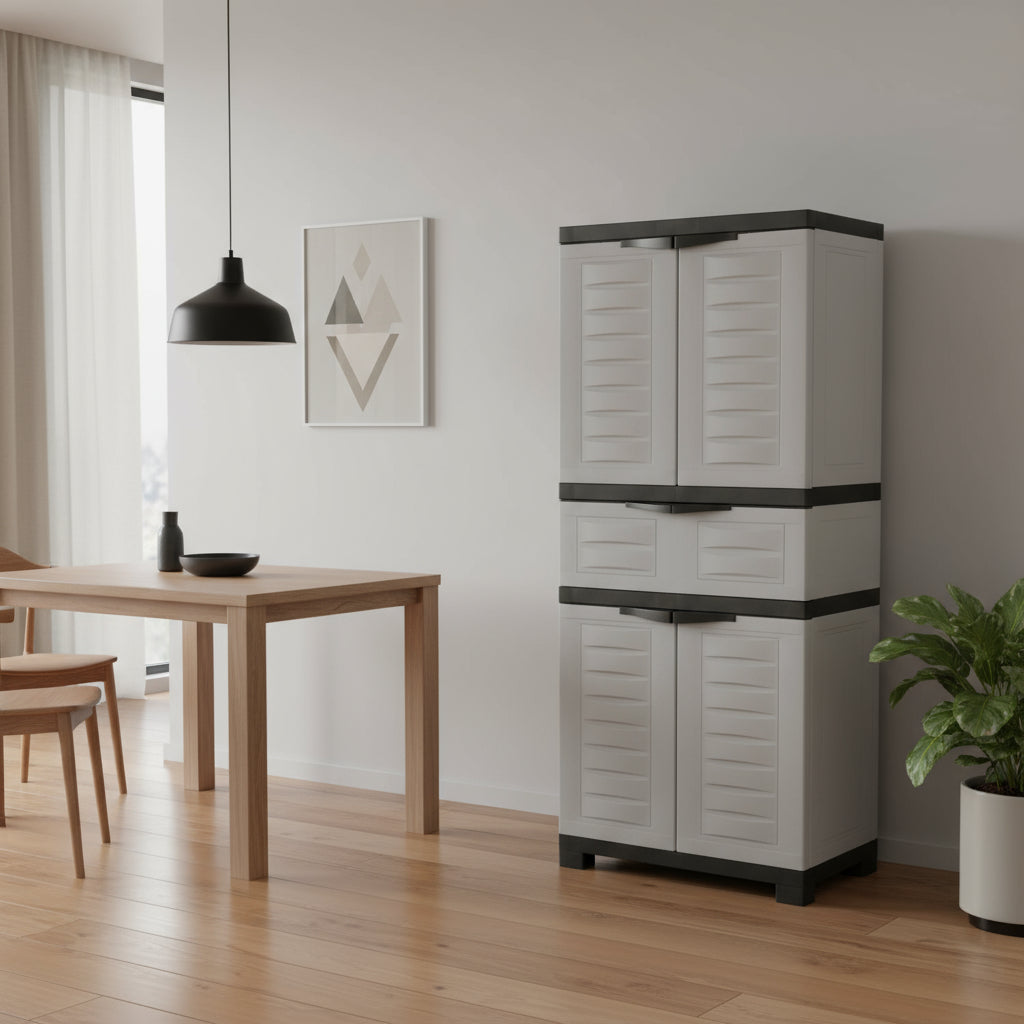 23" Black and Gray Plastic Accent Cabinet With Four Doors And One Drawer