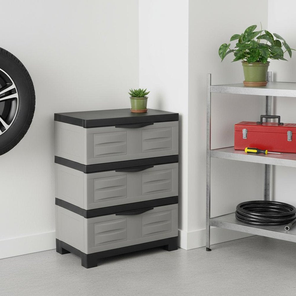 23" Gray and Black Plastic Accent Cabinet With Three Drawers