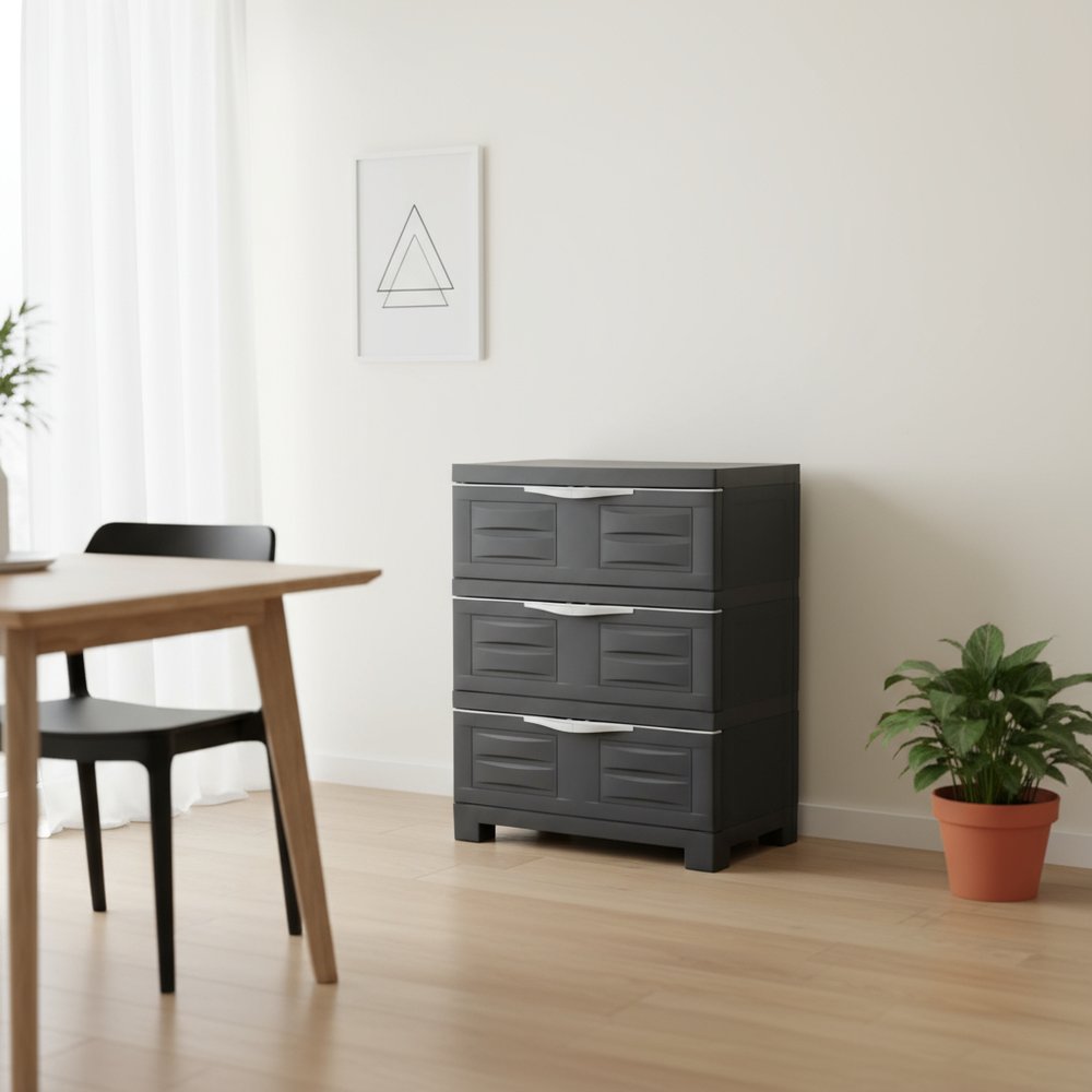 23" Charcoal Heavy Duty Plastic Cabinet With Three Drawers