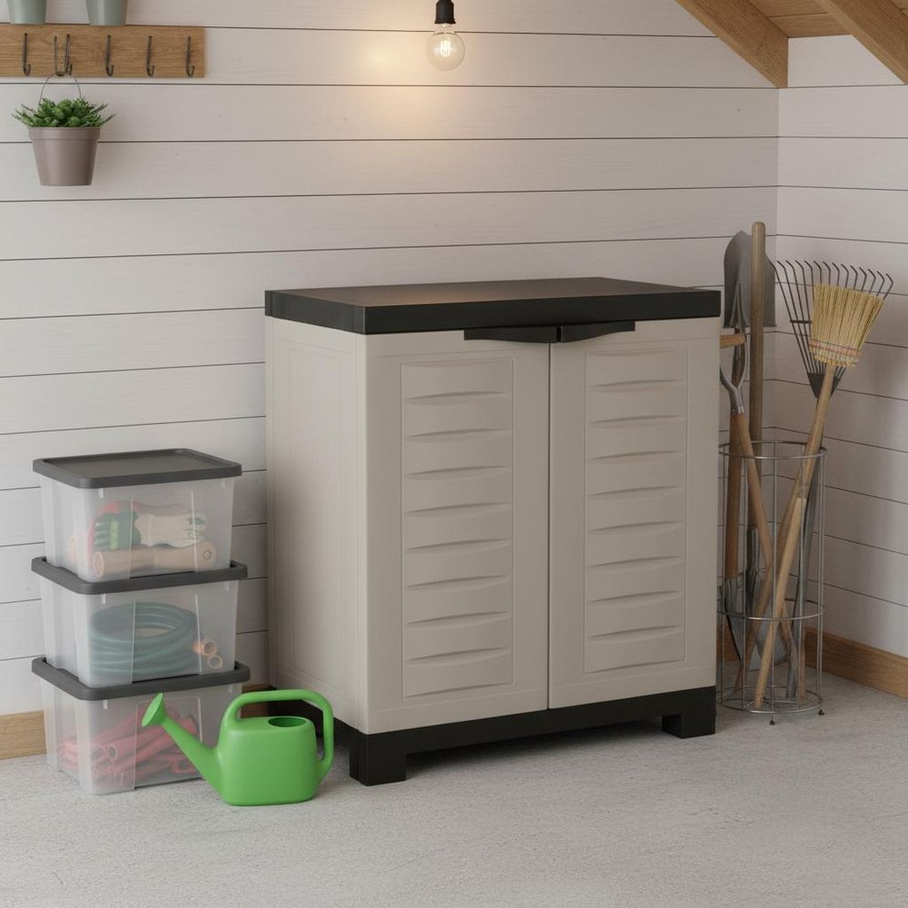23" Black and Gray Plastic Accent Cabinet With Two Doors