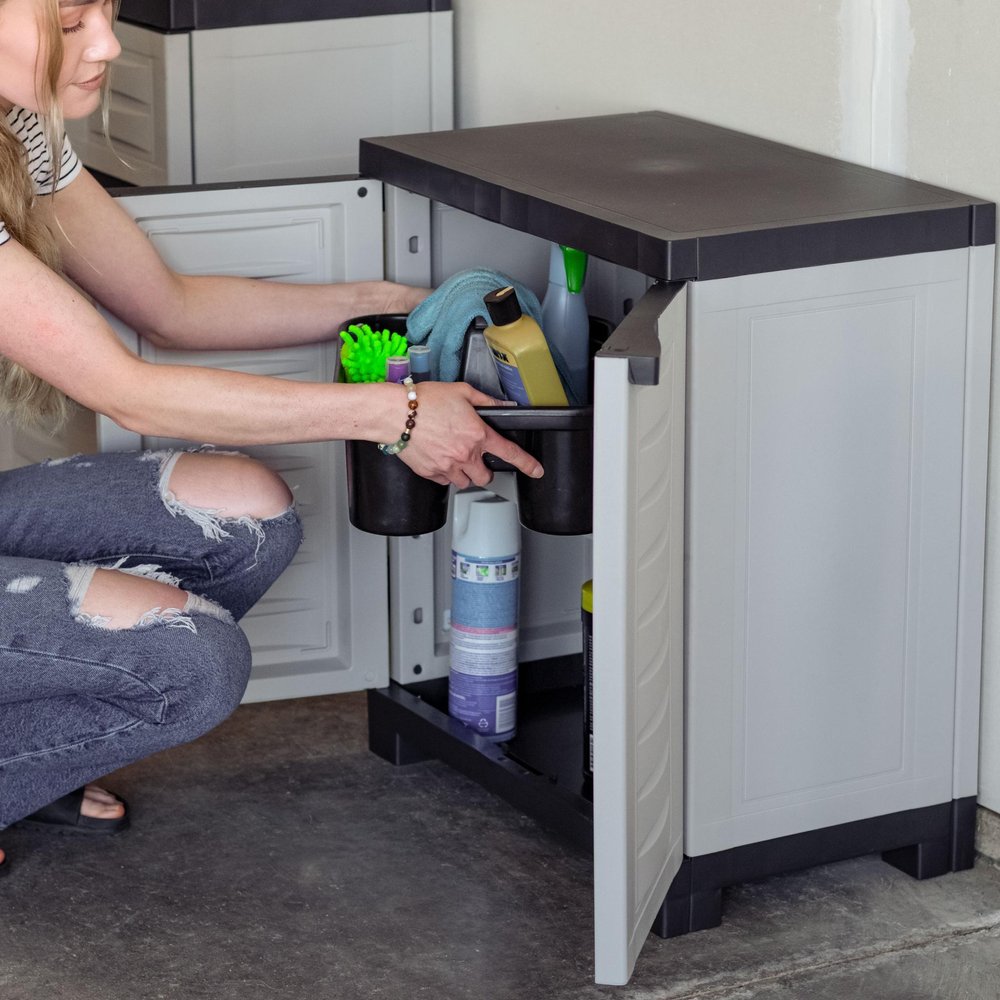 23" Black and Gray Plastic Accent Cabinet With Two Doors