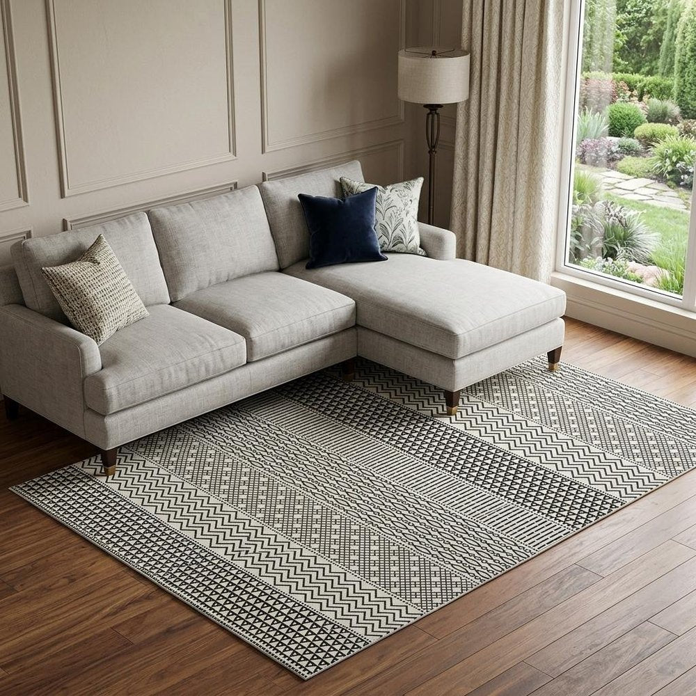 9' X 12' White And Black Striped Washable Area Rug With UV Protection