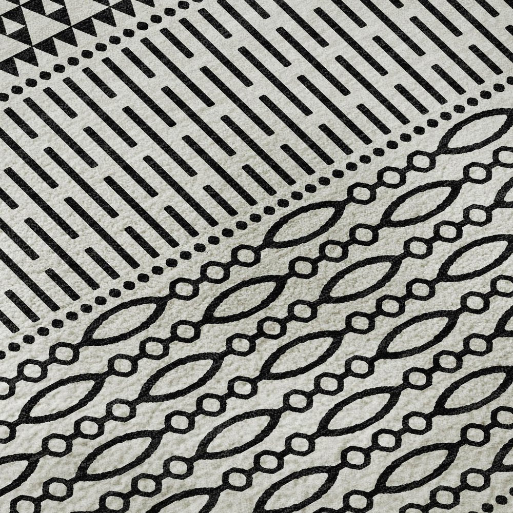 9' X 12' White And Black Striped Washable Area Rug With UV Protection