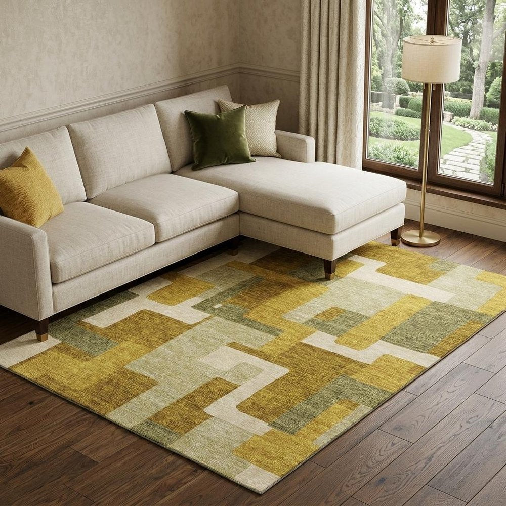 9' X 12' Wheat Ivory And Gold Geometric Washable Area Rug With UV Protection
