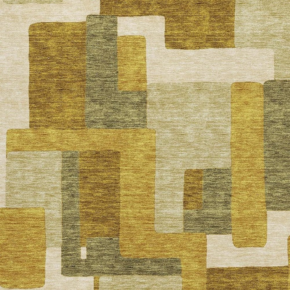 9' X 12' Wheat Ivory And Gold Geometric Washable Area Rug With UV Protection