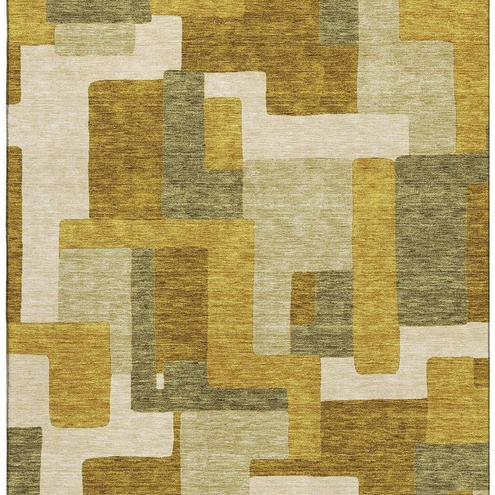9' X 12' Wheat Ivory And Gold Geometric Washable Area Rug With UV Protection