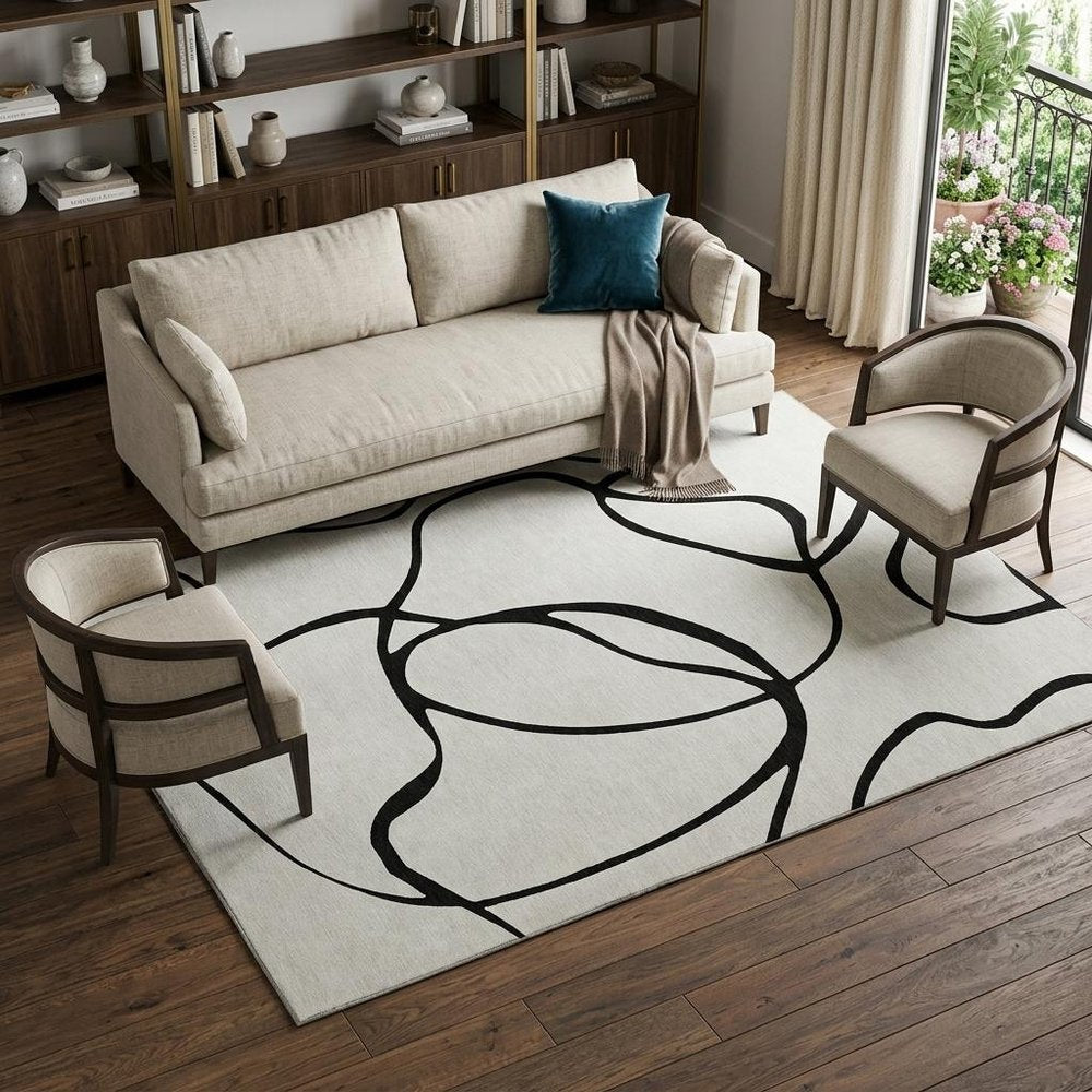 9' X 12' White And Black Abstract Washable Area Rug With UV Protection