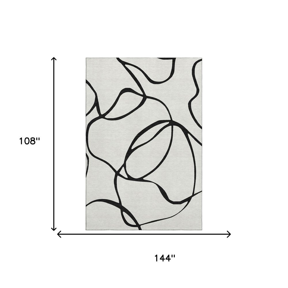 9' X 12' White And Black Abstract Washable Area Rug With UV Protection