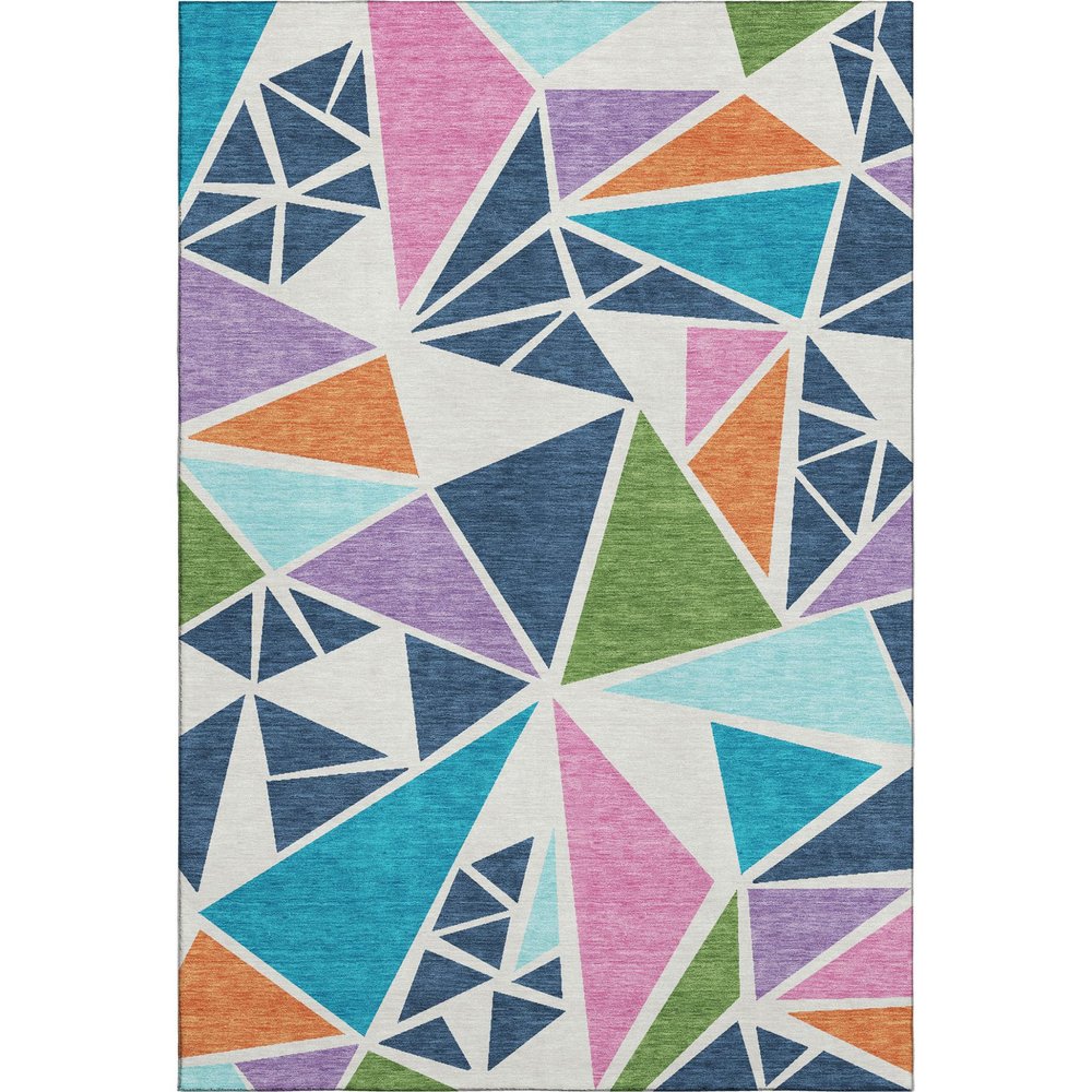 9' X 12' White Teal Pink And Orange Geometric Washable Area Rug With UV Protection