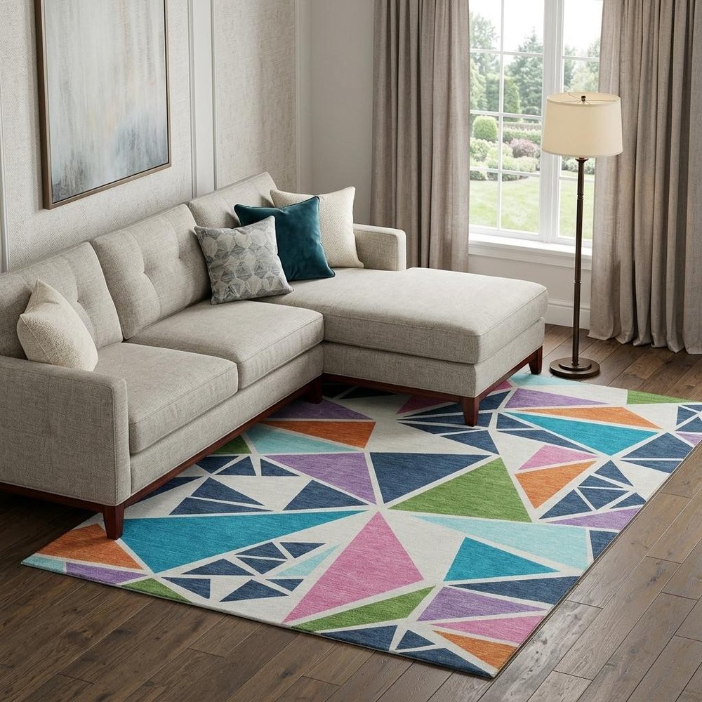 9' X 12' White Teal Pink And Orange Geometric Washable Area Rug With UV Protection