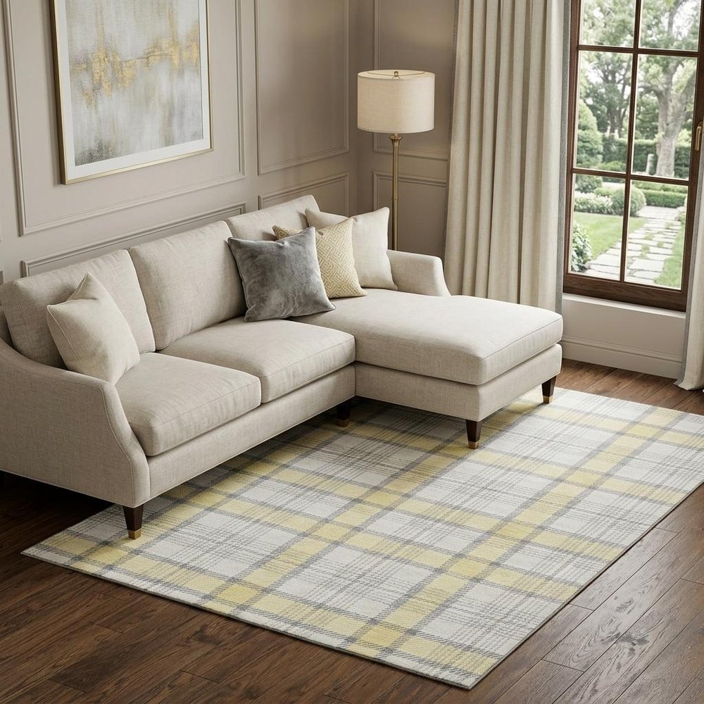 9' X 12' Yellow Ivory And Gray Plaid Washable Area Rug With UV Protection