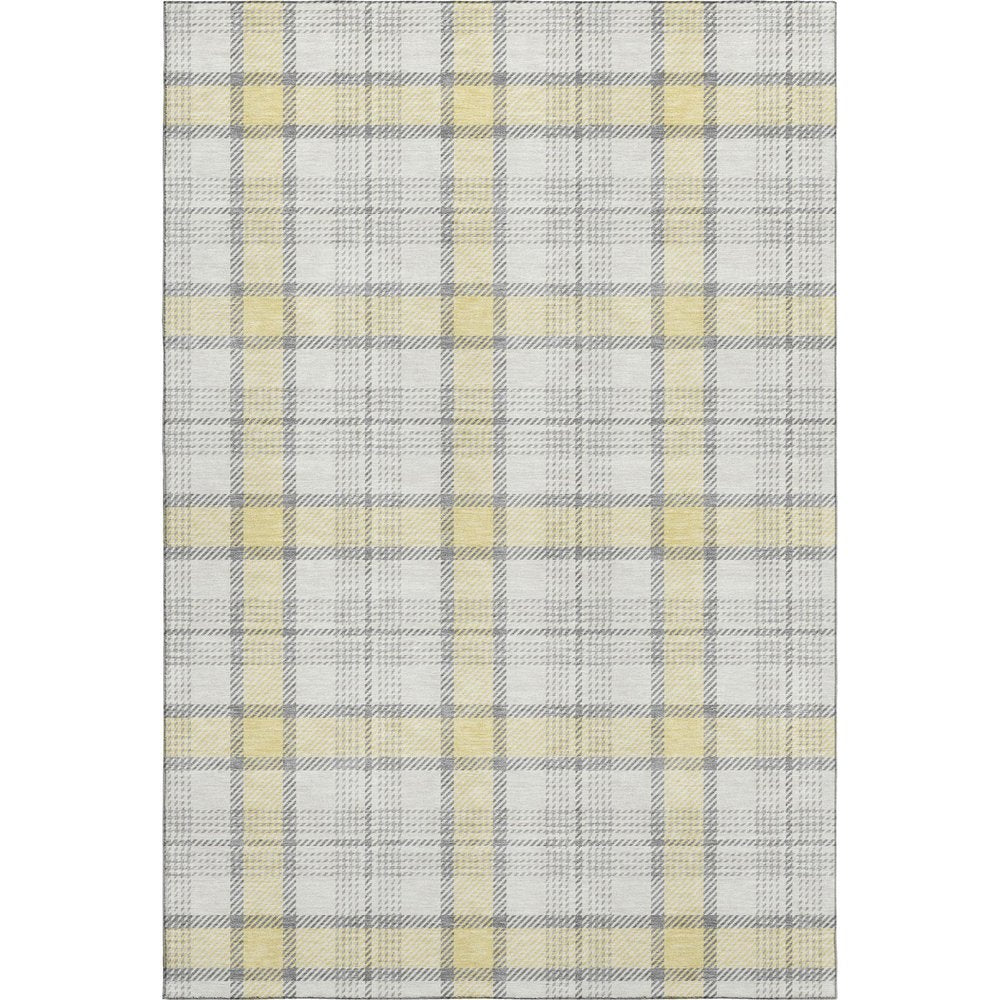 9' X 12' Yellow Ivory And Gray Plaid Washable Area Rug With UV Protection