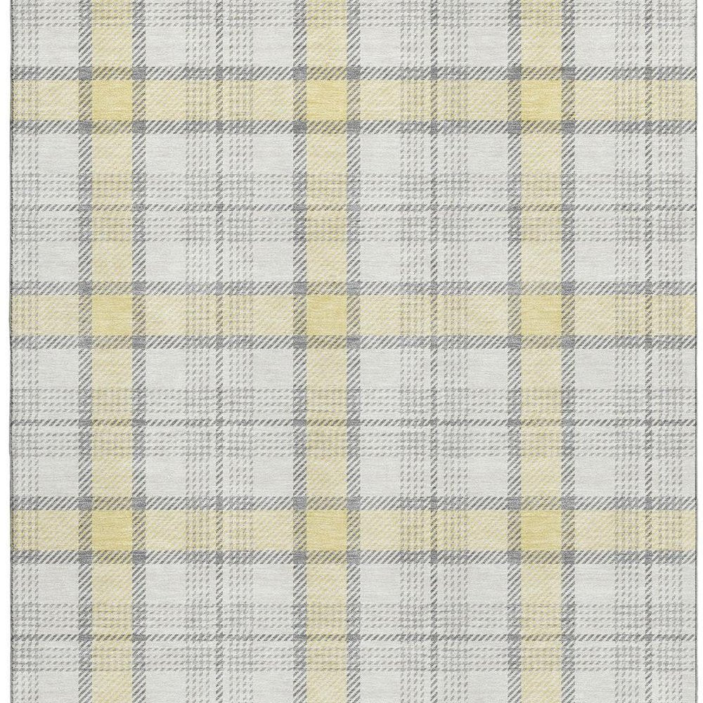 9' X 12' Yellow Ivory And Gray Plaid Washable Area Rug With UV Protection