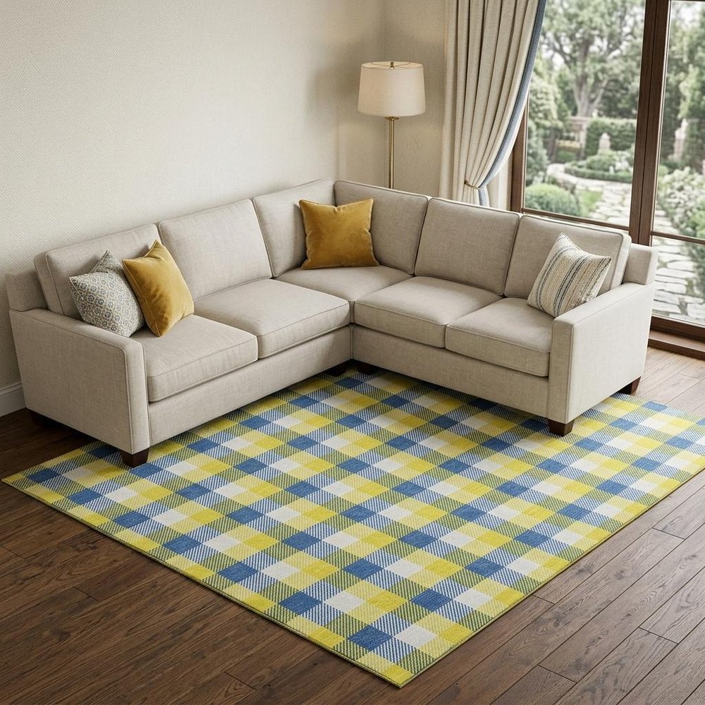 9' X 12' Yellow Navy Blue And Ivory Plaid Washable Area Rug With UV Protection