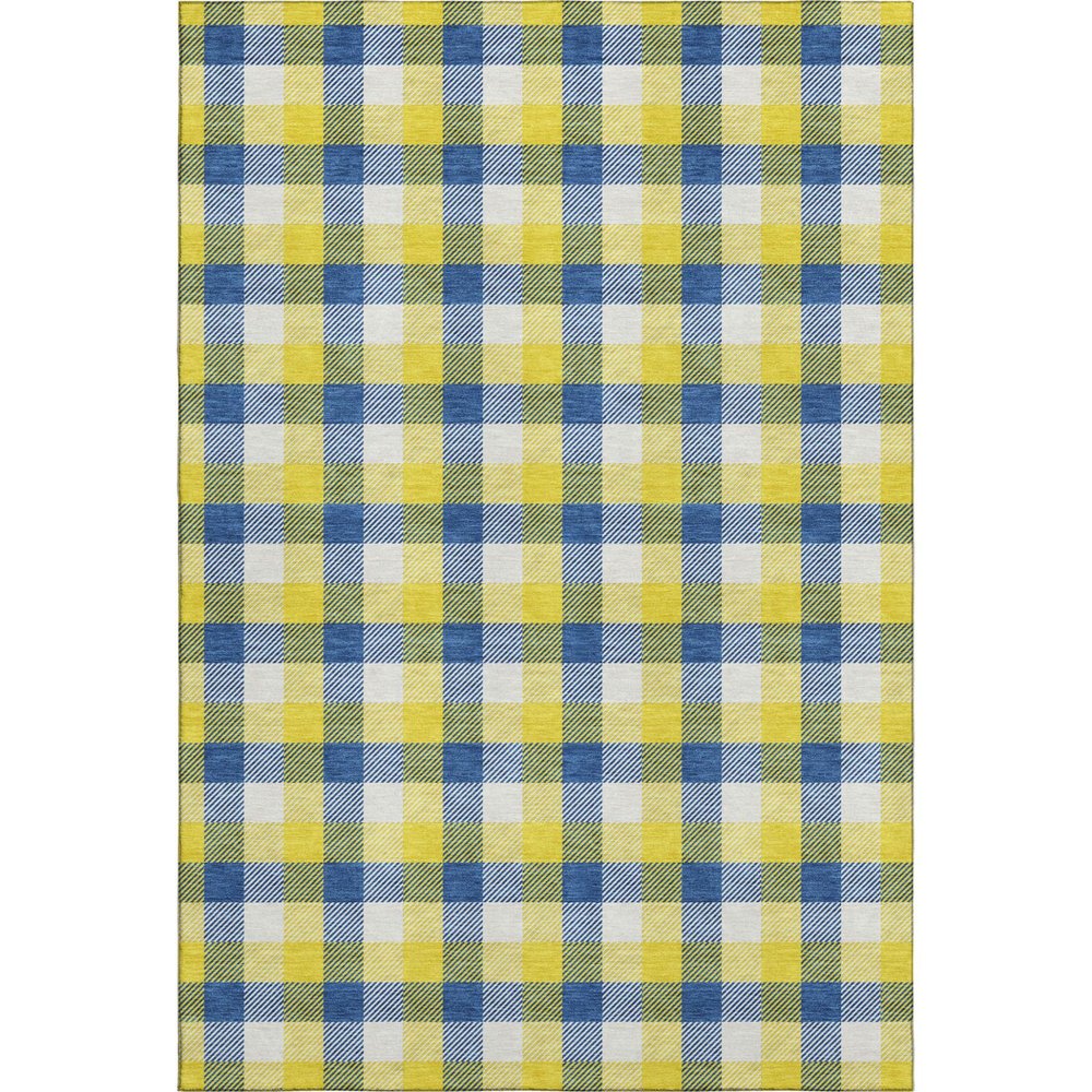9' X 12' Yellow Navy Blue And Ivory Plaid Washable Area Rug With UV Protection