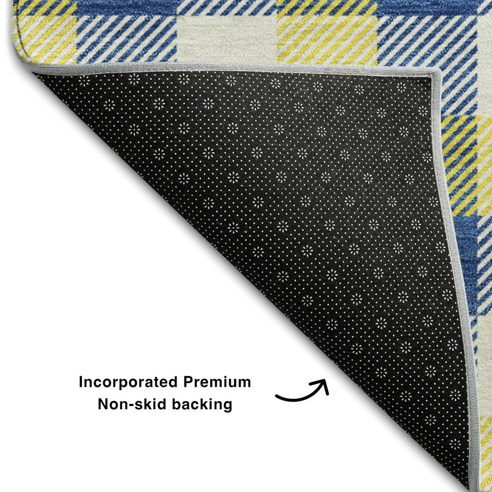 9' X 12' Yellow Navy Blue And Ivory Plaid Washable Area Rug With UV Protection