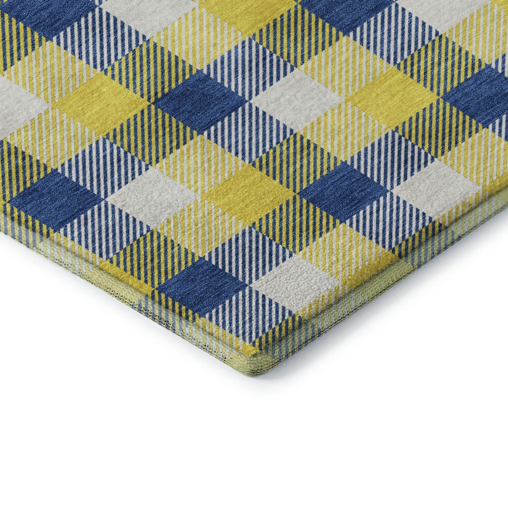 9' X 12' Yellow Navy Blue And Ivory Plaid Washable Area Rug With UV Protection