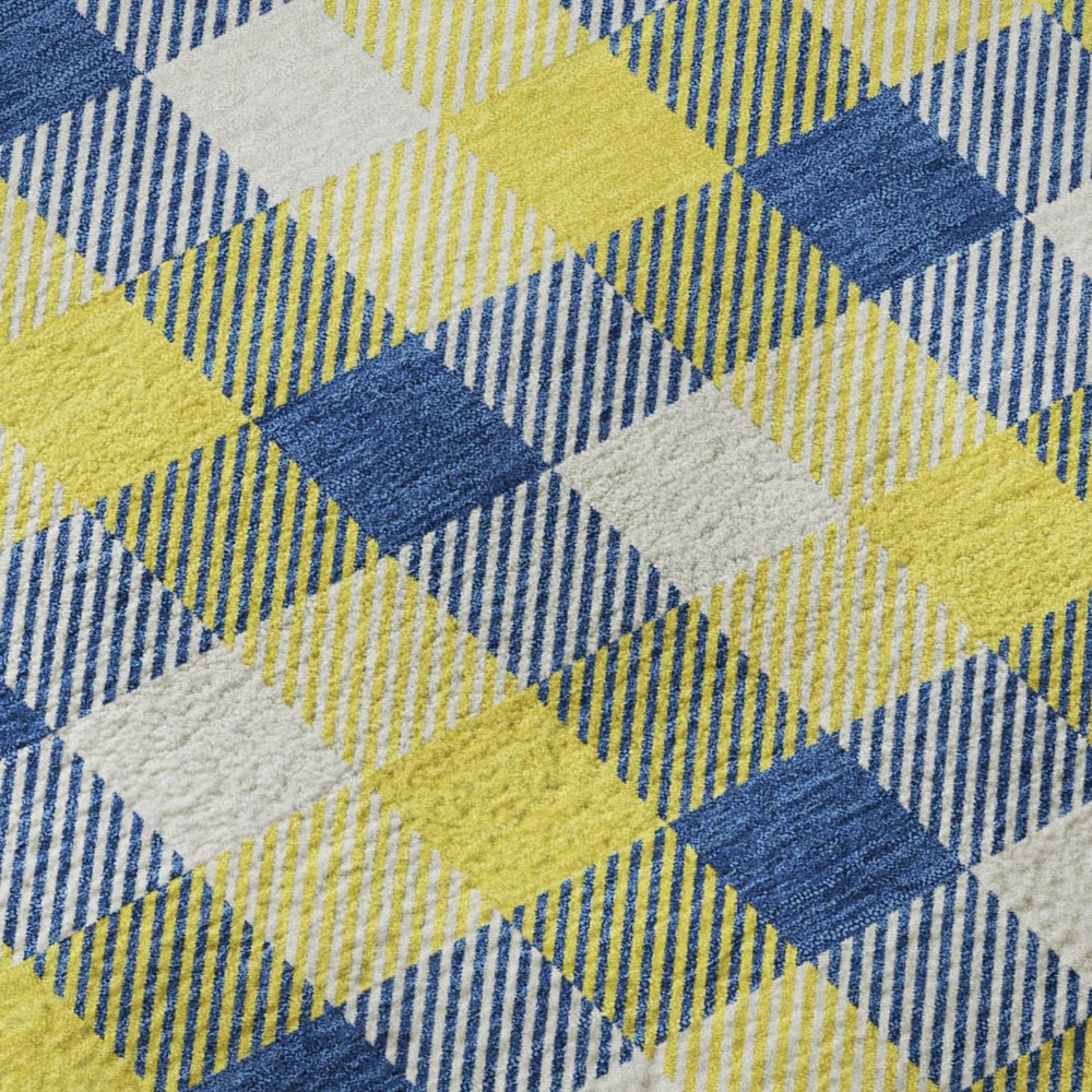 9' X 12' Yellow Navy Blue And Ivory Plaid Washable Area Rug With UV Protection