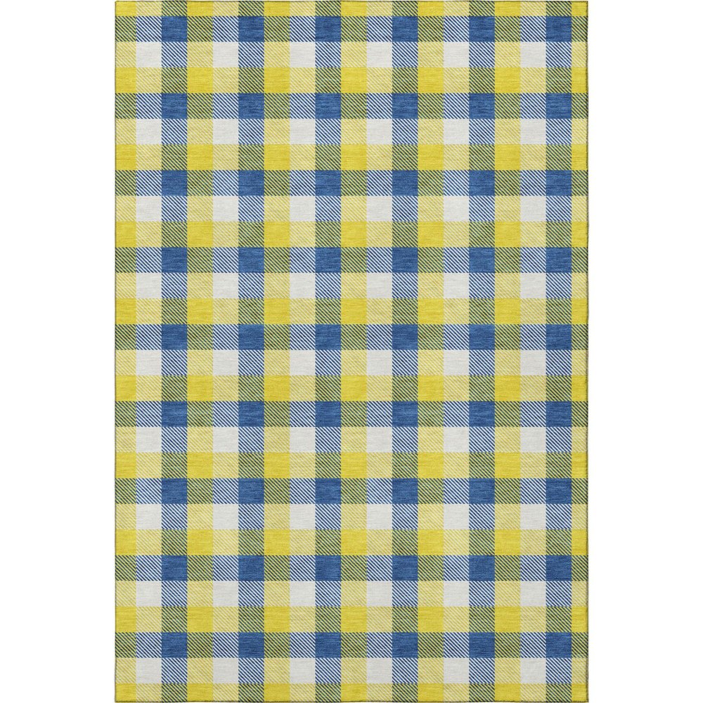 9' X 12' Yellow Navy Blue And Ivory Plaid Washable Area Rug With UV Protection