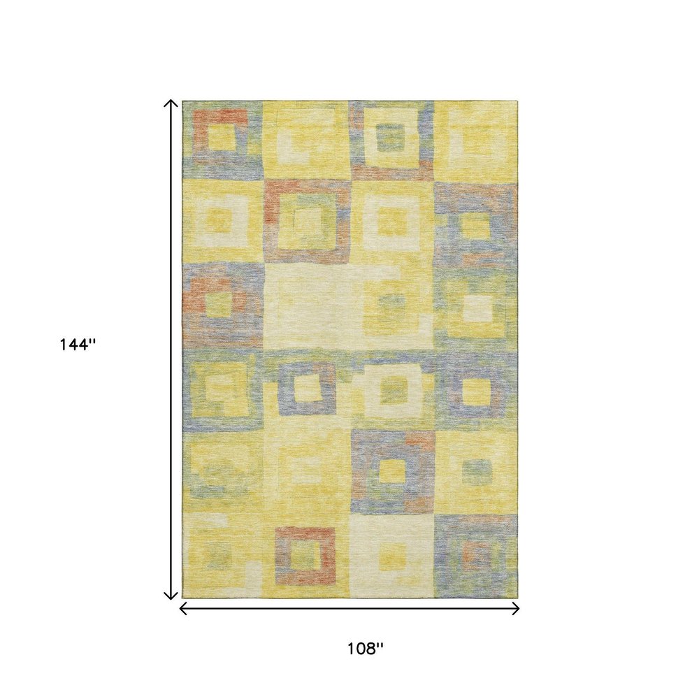 9' X 12' Yellow Orange Purple And Ivory Geometric Washable Area Rug With UV Protection