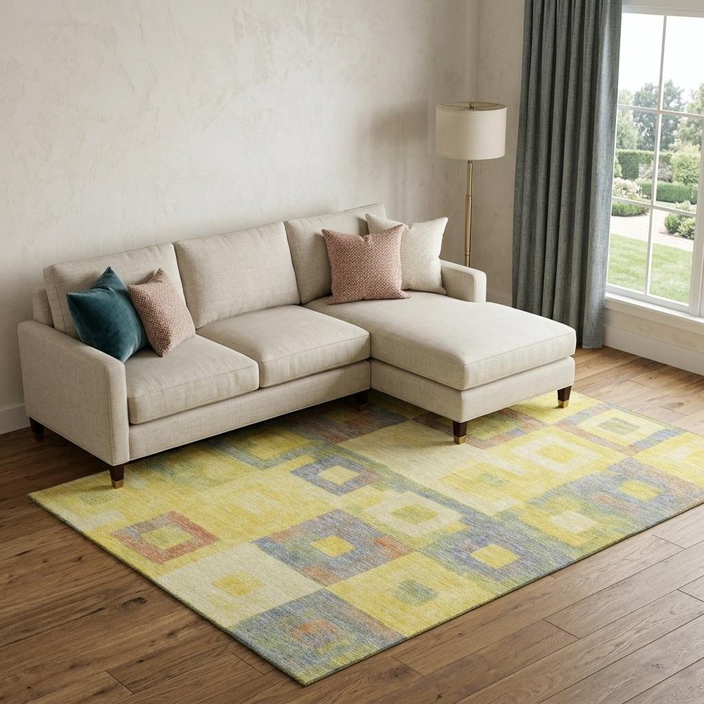 9' X 12' Yellow Orange Purple And Ivory Geometric Washable Area Rug With UV Protection