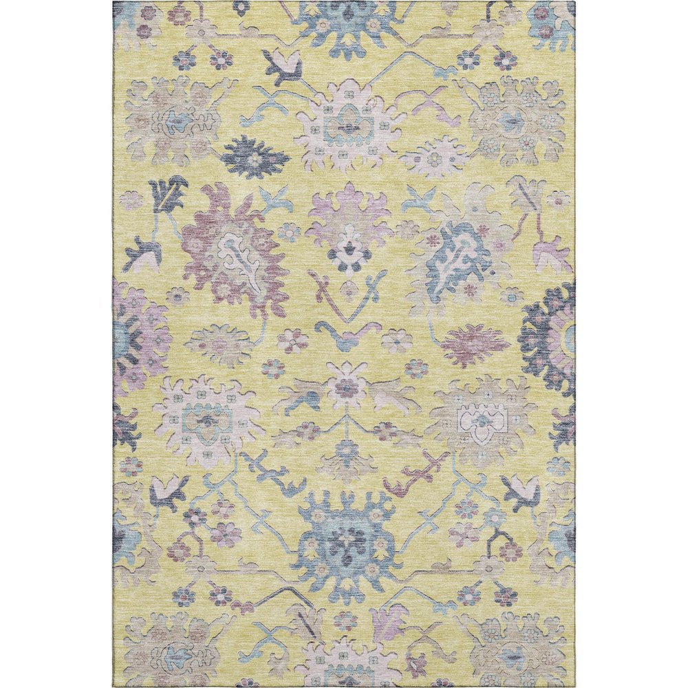9' X 12' Yellow Blue And Blush Floral Washable Area Rug With UV Protection