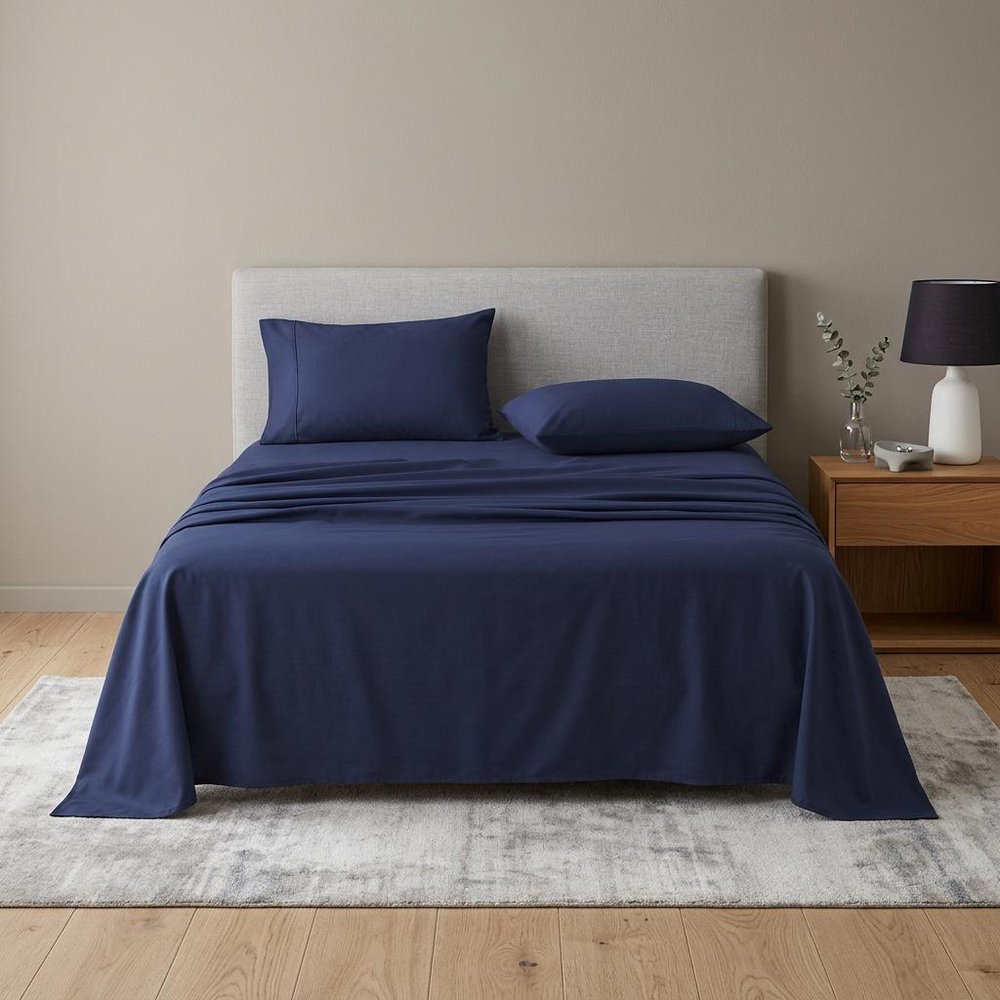 Four Piece Navy Blue Cotton King Sheet Set
