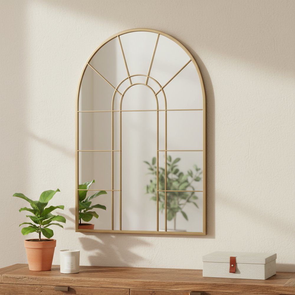 41" Gold Arch Metal Window Pane Framed Accent Mirror
