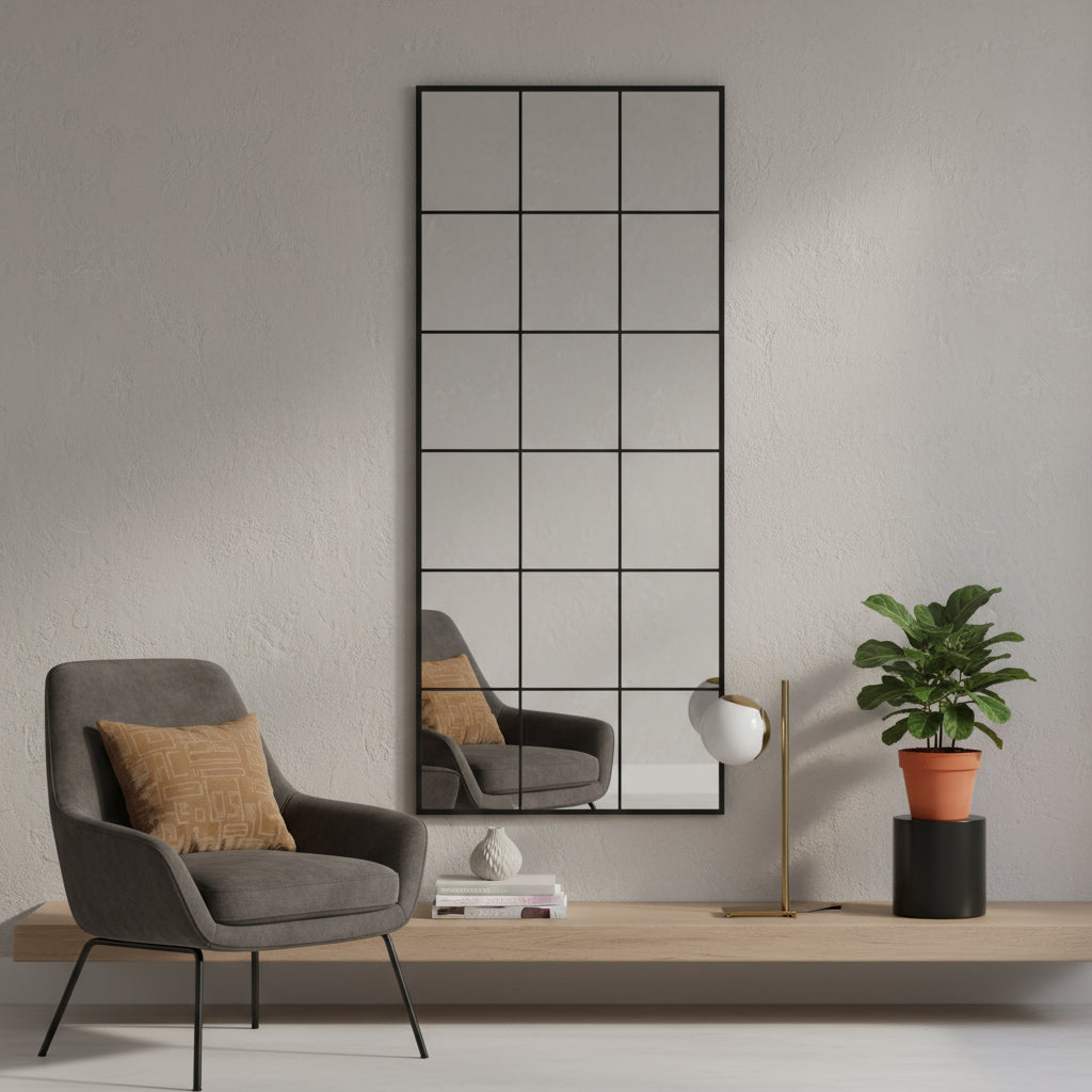 69" Black Metal Windowpane Framed Full Length Mirror