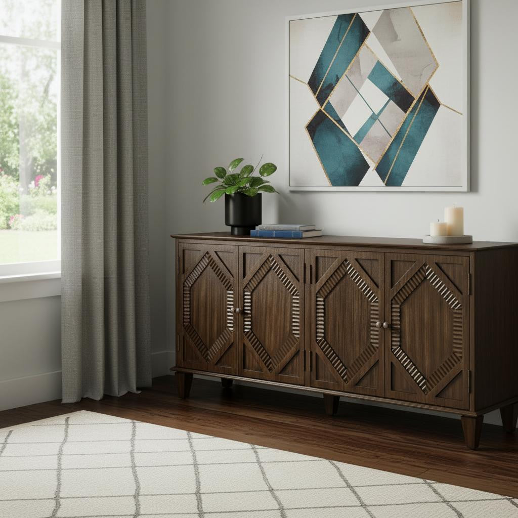 66" Brown Wood Carved Geometric Accent Cabinet With Four Doors