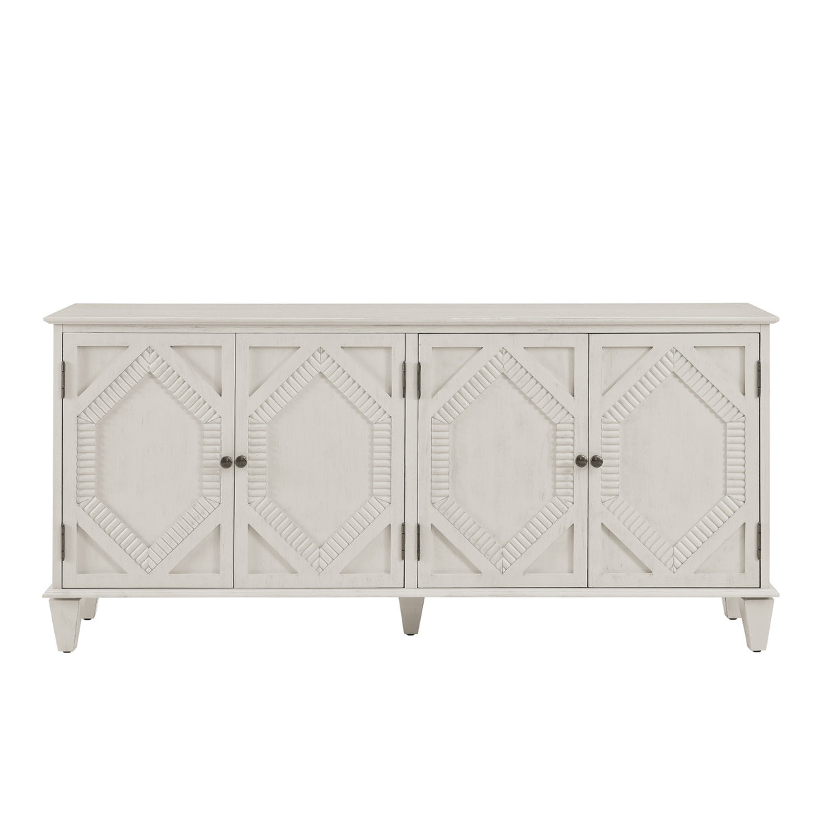 66" White Wood Carved Geometric Accent Cabinet With Four Doors