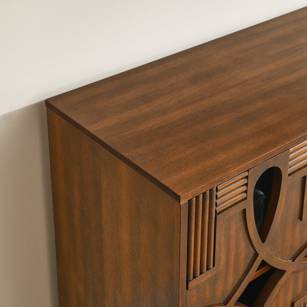 61" Brown Wood Carved Geometric Sideboard With Four Doors