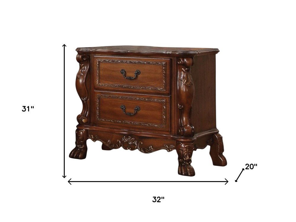 31" Brown Solid Wood Carved Scrollwork Two Drawer Nightstand