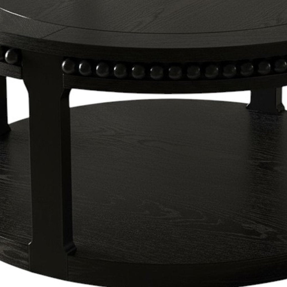 32" Black Wood Floor Shelf Beaded Round Coffee Table