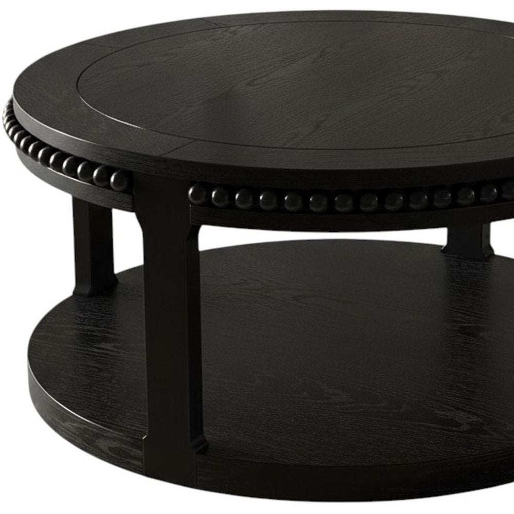 32" Black Wood Floor Shelf Beaded Round Coffee Table