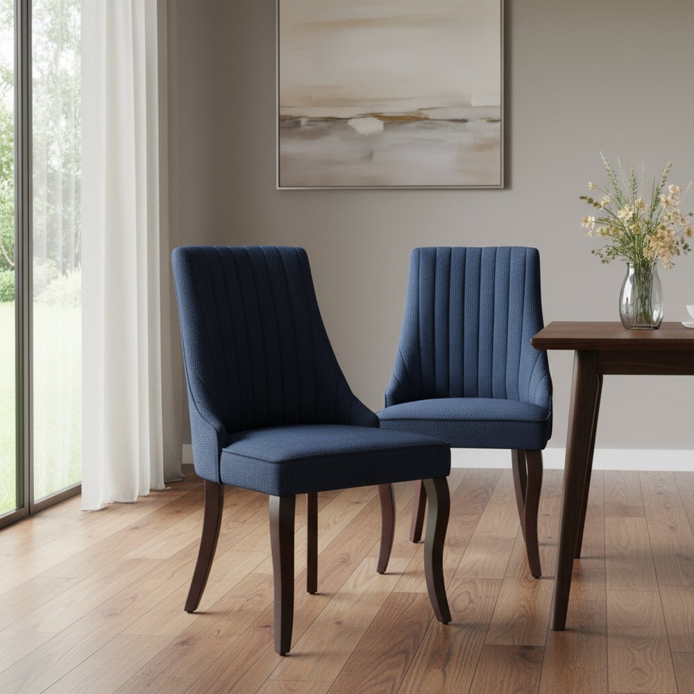 Set of Two Blue and Brown Linen Dining Side Chairs