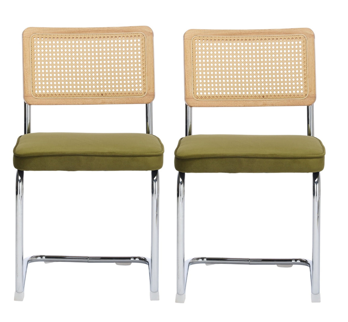 Set of Two Green Natural And Silver Velvet Rattan And Stainless Steel Dining Chairs