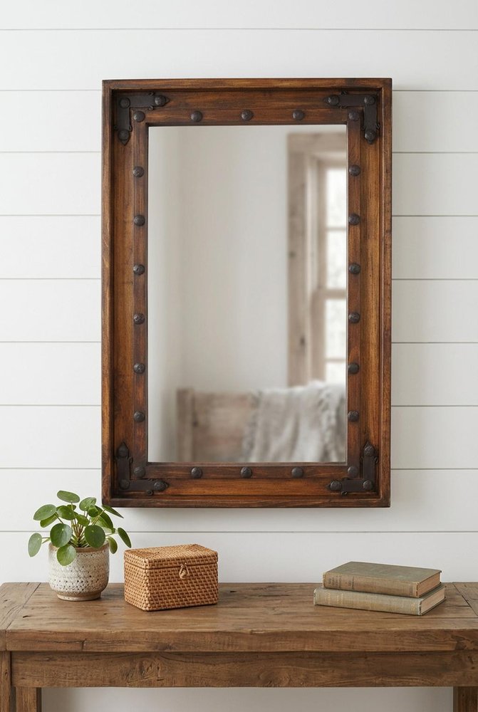 35" Brown Solid Wood Rustic Framed Accent Mirror