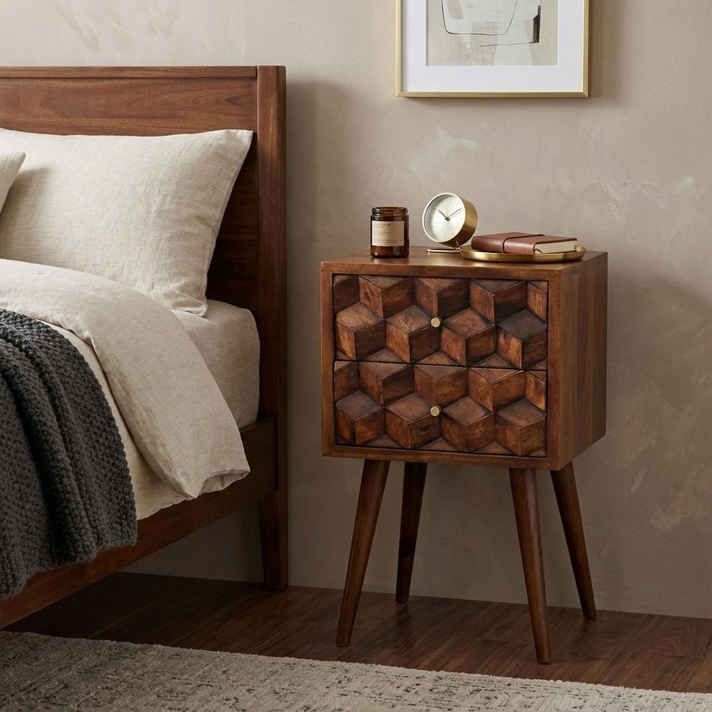 24" Brown Solid Wood Carved Geometric Two Drawer Nightstand