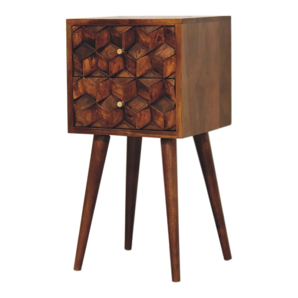 24" Brown Solid Wood Carved Geometric Two Drawer Nightstand